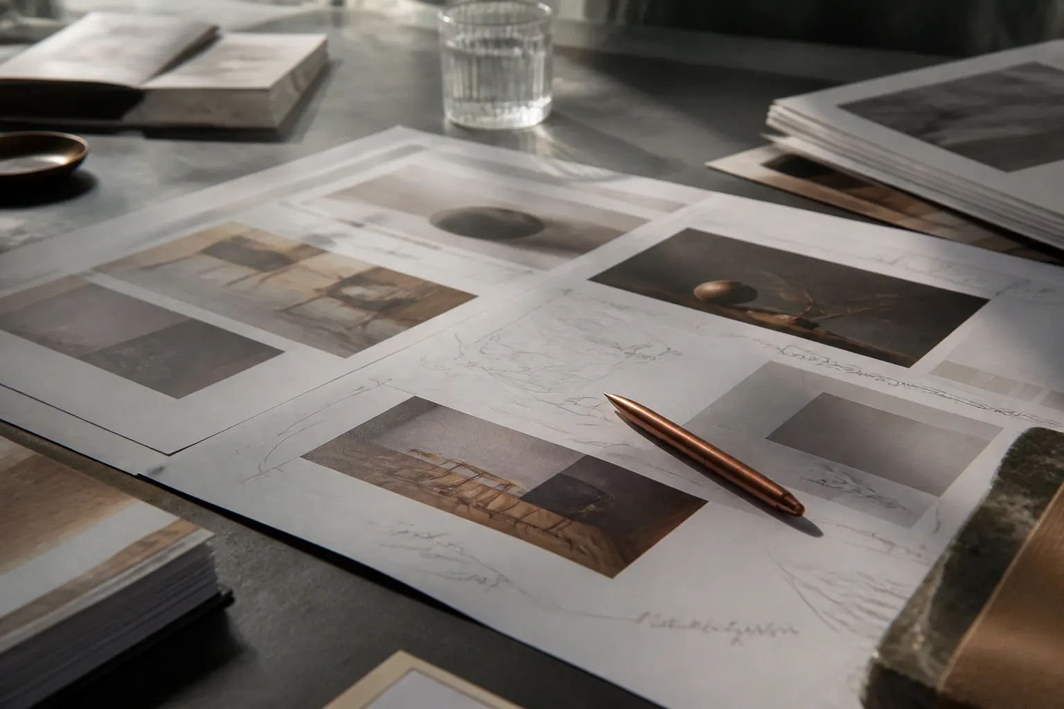 Markup proofs on a charcoal desk during company profile design